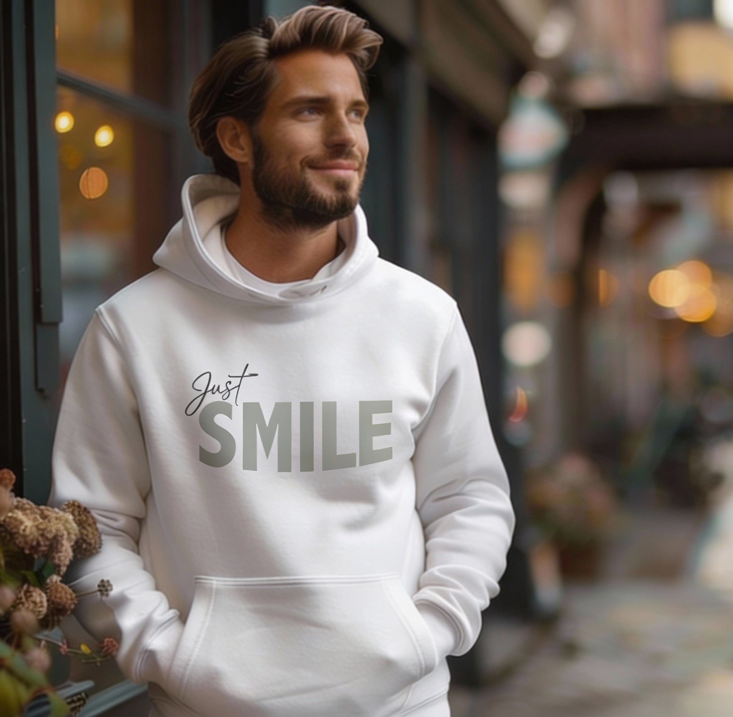 White Hoodie "Just smile"